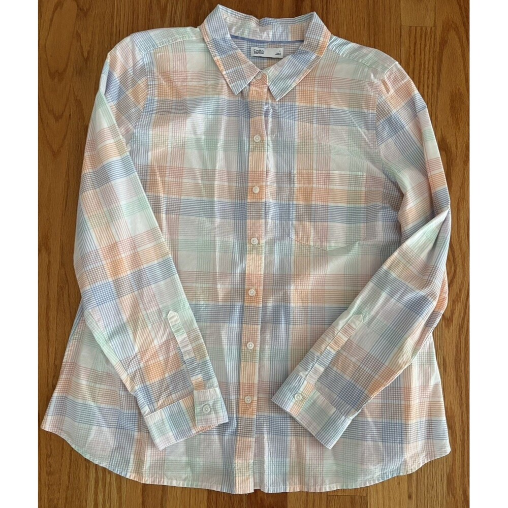 Croft & Barrow Shirt Women's Large Button Down Long Sleeve Plaid Pastels Cotton